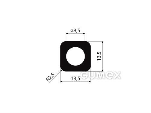 Quadratisches Gummiprofil mit Loch, 13,5x13,5mm, 60°ShA, EPDM, ISO 3302-1 E2, -40°C/+100°C, schwarz, 